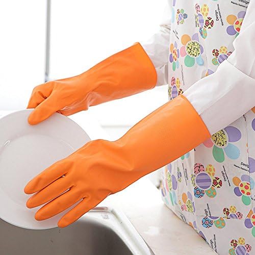 Haosen 32 cm Kitchen Dishwashing Gloves Synthetic Rubber with Flocking Winter Antiskid Waterproof Cleaning Gloves (Orange)