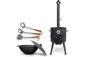 ‎ZARENHOFF Utschak Feuerofen mit Thermometer Gusseisen Topf Kazan runder Boden mit Deckel (12 L) 2 Schaumlöffel 48 cm Schöpfkelle 48 cm KazanoFF, Outdoor, Feuerschale, Kazan, Gulaschkanone Dutch Oven (Set 4)