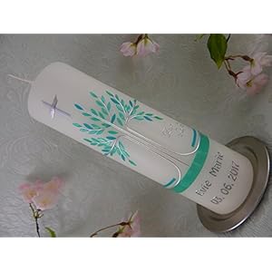 Taufkerze Lebensbaum türkis silber schlicht Taufkerzen Junge Mädchen 250/70 mm inklusive Name und Datum