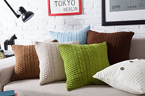 VClife® Baumwolle Zierkissenbezug 45*45cm Stricken Knopf Dekokissen Sofa Bett Zimmer Auto Kissenhülle Ohne Füllung Beige - 2