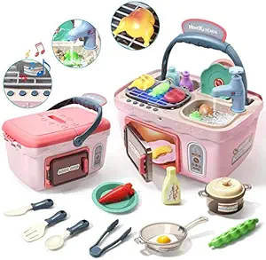 Toys Bhoomi Kids Play Kitchen Picnic Playset,Portable Picnic Basket Toys with Musics & Lights,Color Changing Play Food, Kitchen Sink Toys and Pretend Play Oven, Kitchen Toy Sets Gift for Girls Kids