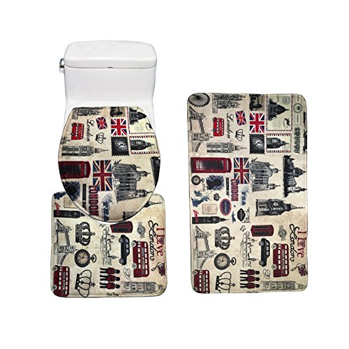 bearbae 3 Stück UK London Muster Badematte Set Badezimmer Teppich + Ständer Teppich + WC-Sitz Cover