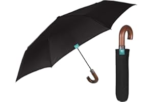 PERLETTI Ombrello Pieghevole Compatto Antivento - Elegante Classico Nero Unisex Manico Curvo Effetto Legno - Portatile, Resistente, Diametro 96 cm