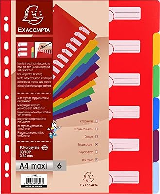 Exacompta - Réf. 4806E - Intercalaires Rigides Opaques 6 Positions - Format A4 Maxi - Polypropylène 30/100ème - Couleurs Assorties