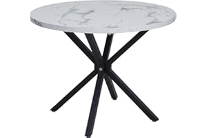 GrandCA HOME Mesa de Comedor Redonda con Tapa Moderna con Efecto Mármol, Mesa de Comedor de Cocina con Cuatro Patas de Metal, para Comedor, Sala de Estar, Blanco+BKL