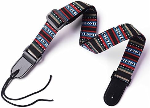 Adjustable Soft Cotton Guitar Strap, Country style & Genuine Leather Ukulele Shoulder Strap - 04
