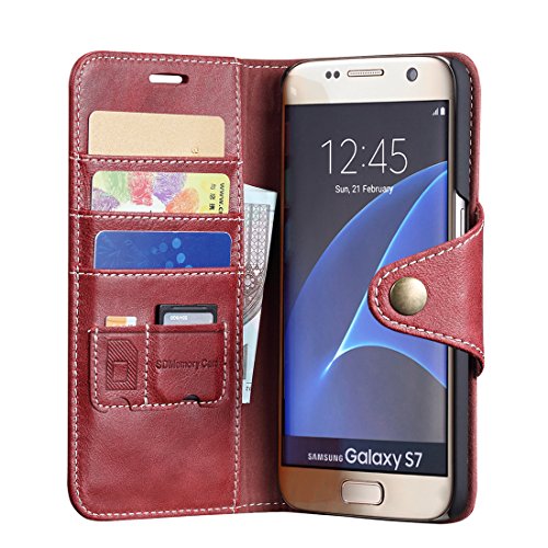 Funda Galaxy S7  Lensun Funda de Cuero Genuino con Cartera para Tarjetas y Cierre Magnetico para Samsung Galaxy S7 5 1  - Rojo Vino  S7-GT-WR 
