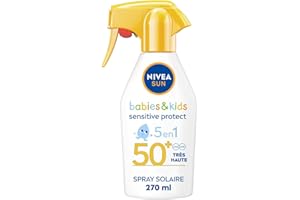 NIVEA SUN Pistolet solaire protection Babies & Kids Sensitive Protect FPS 50+ (1 x 270 ml), Spray ultra résistant à l’eau, Crème solaire formulée pour la peau fragile des enfants et bébés