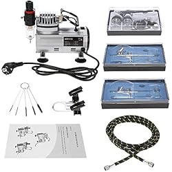 KKmoon Compresseur Aérographe Kit | 3 Airbrush Kit ＋ Mini-Compresseur Aérographe + Nylon Tuyau Tressé + Brosse de Nettoyage, Art Peinture d'Alimentation w/pour Tatouage Temporaire/Céramique Colorée