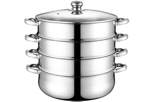 Kichvoe 10.4 * 11.6Inch Stainless Steel 4 Tier Steamer Pot Steaming Cookware Pot Seafood Vegetable Tamale Steamer Pot