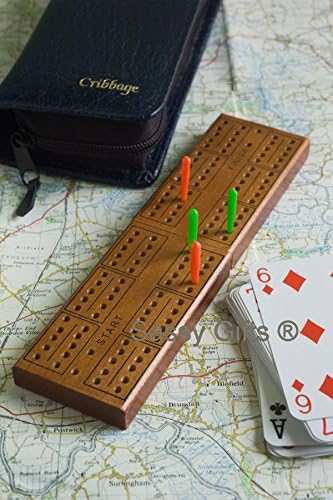 Cribbage Board with Pegs in a Real Leather Travel Case by Sassy Gifts