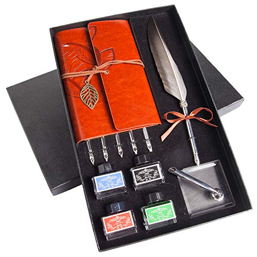 Hethrone PA-49 - Set di penne per calligrafia a piuma, con taccuino e portapenne, in confezione regalo