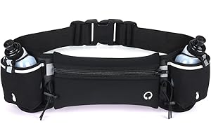 WYEWYE Running Belt with Water Bottle (2 x 175ML), Nylon Webbing Running Belt, Reflective Non-Slip Adjustable Sports Waist Pouch for Marathon Running Hiking Cycling, Black