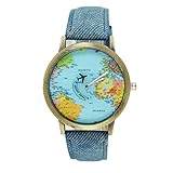 Souarts Damen Blau Weltkarte Armbanduhr Quartzuhr Analog Armreif Uhr mit Batterie