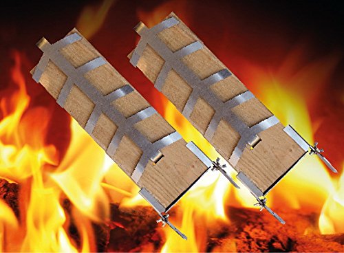 2 teiliges Flammlachs-Set: 2 Buchenholz Flammlachs-Bretter inkl 2 Edelstahlhalter zur Befestigung an Feuerschalen mit verstellbarem Neigungswinkel