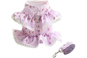 LtuzPet Vintage Floral Dog Dress with Leash Dog Harness Dress Leash Set Puppy Cat Rabbit Dresses with D-ring