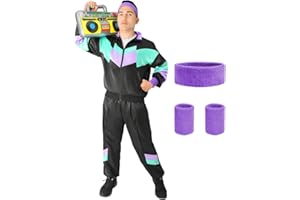 Aomig 90er 80er Jahre Kostüm Zubehör Set Erwachsene 5Pcs Retro Trainingsanzug Unisex Disco Ganzkörperanzug Partner Outfit Jacke Hose Armband und Stirnband 80er Party Bad Taste für Mottoparty Karneval