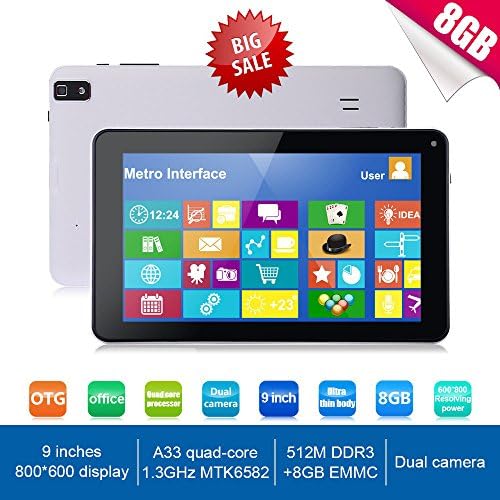Grandorient Newest 9 Inch Ultra Slim Design Android 4.4 Tablet PC - Quad Core 8GB Storage - Complete with Touch Screen, WIFI, Dual Camera, Bluetooth, Highly Recommend (white)