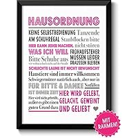 HAUSORDNUNG - Bild mit humorvollen Hausregeln mit schwarzen Rahmen - Geschenk zum Einzug Umzug Einweihung Richtfest