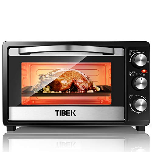 Mini Four Electrique 1500W 23L Four Multifonction à Double Verre avec Pince, Grille et Plat De Cuisson, Plat Ramasse-miettes(100-230°C, Minuterie de 60 min), Facile à Nettoyer, Noir/Argent