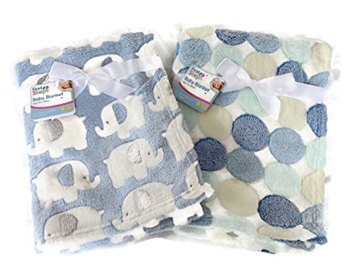 Set of 2 Luxury Soft Fleece Baby Blankets by First Steps, Pink, Blue or Cream. Ideal Newborn Baby Gift Perfect For Twins (Blue Elephants & Polka Dots)