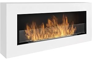 GLOBMETAL Bio camino da 90 x 40 cm con pannello in vetro Caminetto da parete al bio-etanolo, 900 x 400 mm, colore bianco. Un bio camino a forma di cassetta da appendere alla parete.