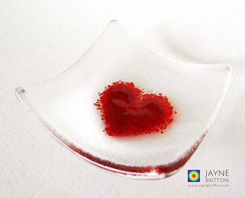 Heart bowl, fused glass, clear and red, red heart gift, symbol of love, unusual wedding favour, party favor, trinket bowl, earring bowl