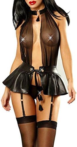 Golden Lank Black Lace Uniform Cosplay Sexy Lingerie Perspective Deep V Halter Lace Bodysuit Fun Lingerie