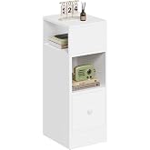 EUGAD Narrow White Bedside Table with 2 Compartments and 1 Drawer, 25 x 30 x 66 cm, Side Table for Small Bedroom and Living R