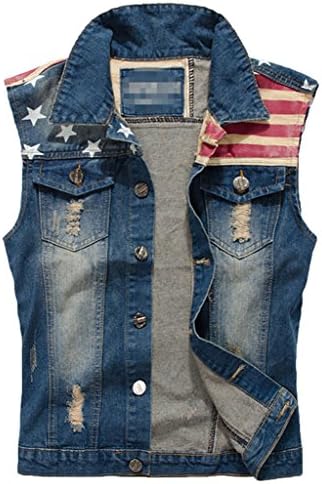 Sawadikaa Men's Vintage Denim Vest Jean Jacket Waistcoat Cowboy Jacket Outerwear Flag Large