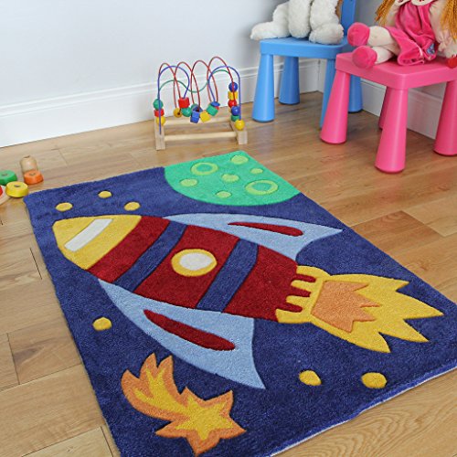Boy's Blue Soft Outer Space Rocket Ship Kid's Area Rug 70 x 100cm