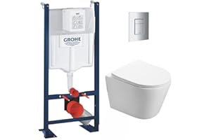 SWISS AQUA TECHNOLOGIES WC Suspendu Pack Complet Accessoires - Pack WC Grohe Bâti autoportant, WC sans bride SAT Infinitio, Abattant softclose, Plaque chrome mat, Abattant WC,Cuvette Toilette, Chasse d'eau Wc, Mécanisme