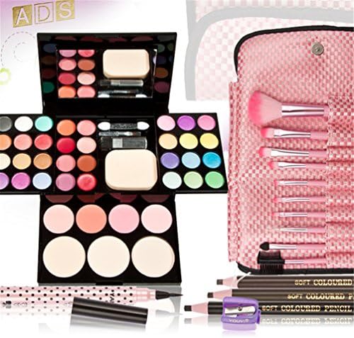 TimeSong Professional Cosmetic Makeup Set Kit (Full Colors Eyeshadow oundation Set +7Pcs Pink Makeup brush+Eyeliner+3 Color Eyebrow Pencil+Cosmetic pencil roll)