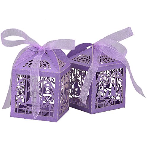 tankerstreet 50 Candy Box Hohl Rosen Blumen Birds mit Bändern Geschenk Box Tasche Braut Dusche Hochzeit Geburtstag Party Supplies Gastgeschenken (lila) - 8