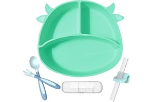 SIEBOLD 4-Piece Set Baby Suction Plate, Non-Slip Silicone Divided Placemat, Plates Child Sucker, Toddler Feeding Plate with Bendable Fork & Spoon for Self Training(Green)
