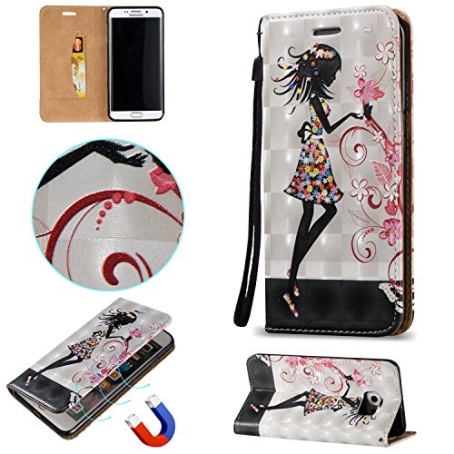 Galaxy S6 Edge Schutzhülle,Samsung S6 Edge PU Lederhülle Tasche,Sunroyal Cool Schwarz Mädchen Blumen Schmetterling Muster Bookstyle Brieftasche Flip Buchstil Wallet Case Protective Cover Etui Handytasche Schale Weichen Silikon Magnetverschluß mit Standfunktion und Karte Halter für Samsung Galaxy S6 Edge + Kristall Bling Diamant Anti Staub Schutz Stecker Stöpsel + Stylus Stift Touch Pen - 2