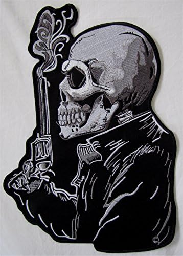 Extra Large Rare Skeleton Skull With Pistol Motorcycle Biker Sew On Badge Patch