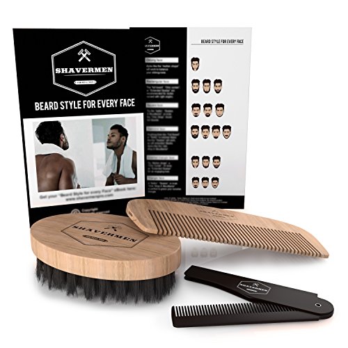 Cuidado de la Barba de Shavermen: Cepillo para Barba + Peine Barba + Peine para Barba plegable de bolsillo. Kit Cuidado Barba perfecto para Barbas cortas, medianas y largar | Ayuda con el picor de l