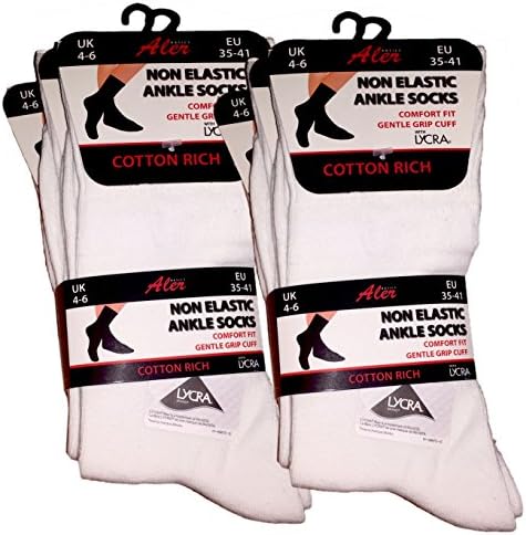 Ladies Diabetic,Non Elastic Ankle Socks, Womens Anti Bacterial Wide Top Socks UK 4-7 (6 Pairs, White)