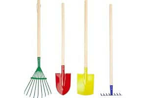 10838 Set di attrezzi da giardinaggio variopinti small foot, in legno e metallo, rastrello, pala, vanga e forca, a partire da 3 ann (include 4 dispositivi)