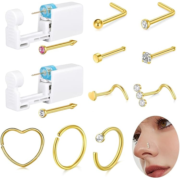 Wegwerp Neuspiercing Set - Steriele Steker Met 2 Neusstekers, Draagbare Veiligheid Zelf Piercing Gereedschap, Goudkleurig en Witgoud
