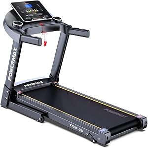 PowerMax Fitness TDM-96 (4HP Peak) Motorised Treadmill for Home Use [ Max User Wt. 110kg | LCD Display | Bluetooth for Music & Mobile App | 3 Level Manual Incline ] Free (DIY) Installation Assistance