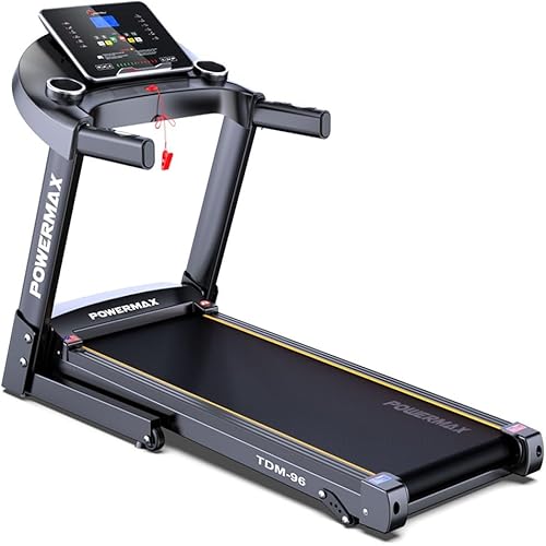 PowerMax Fitness TDM-96 (4HP Peak) Motorised Treadmill for Home Use [ Max User Wt. 110kg | LCD Display | Bluetooth for Music & Mobile App | 3 Level Manual Incline ] Free (DIY) Installation Assistance