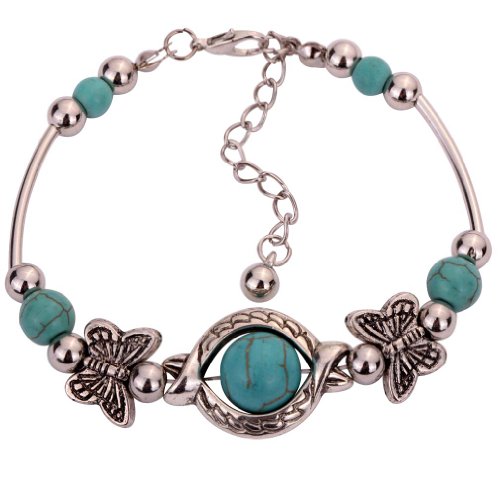 Yazilind Vintage Tibetan Silver Rimous Green Turquoise Inlay Butterfly Bead Bangle Bracelet