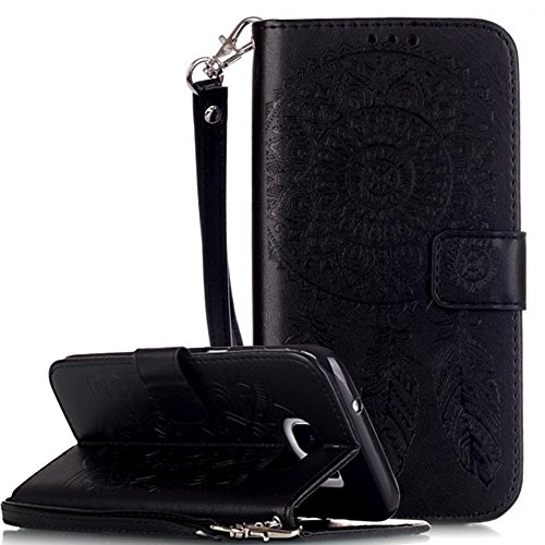 Samsung Galaxy S7 Edge Hlle Leder Flip Wallet Cover Case, Nnopbeclik Folio PU Leather Blume Case Drucken Campanula Handytasche Schutz Kristall Glitzer Bookstyle Handyhlle Echt Strass Etui Muster Brieftasche Stodmpfend Tasche Schale mit Standfunktion Karteneinschub und Magnetverschlu Pour Samsung Galaxy S7 Edge 5.5 Zoll[Schwarz]