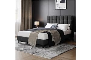 Yaheetech Letto Imbottito 140 x 200 cm con Testiera Quadrata Altezza Regolabile Doghe in Legno Grigio Scuro