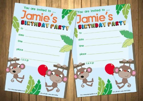 12 Pack Personalised Children's Birthday Party Invitations Little Cheeky Monkey Jungle