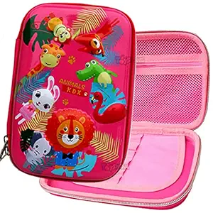 Toyshine Animal Kingdom Hardtop Pencil Case with Compartments - Kids Large Capacity School Supply Organizer Students Stationery Box - Girls Boys Pen Pouch- Dark Pink