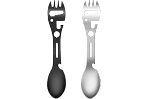 LUCKYKODOR 10 en 1 Cuillère à Fourchette Multifonctionnelle Extérieure Portable， 2 Pcs Outil De Camping Portable, pour Le Camping Pique-Nique/Randonnée en Plein Air（Acier inoxydable）
