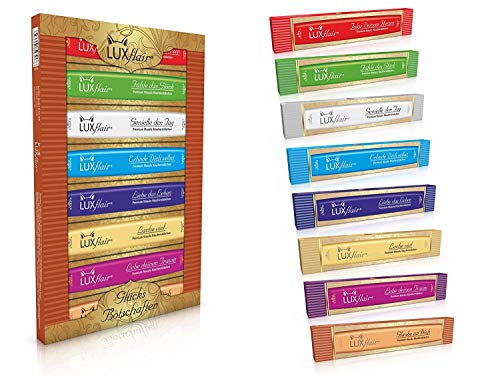 Natürliche Räucherstäbchen mit ätherischen Ölen, 8 Duftrichtungen mit Glücks-Botschaften im exklusiven Gold-Set. Echte Premium Masala Agarbatti von Luxflair.